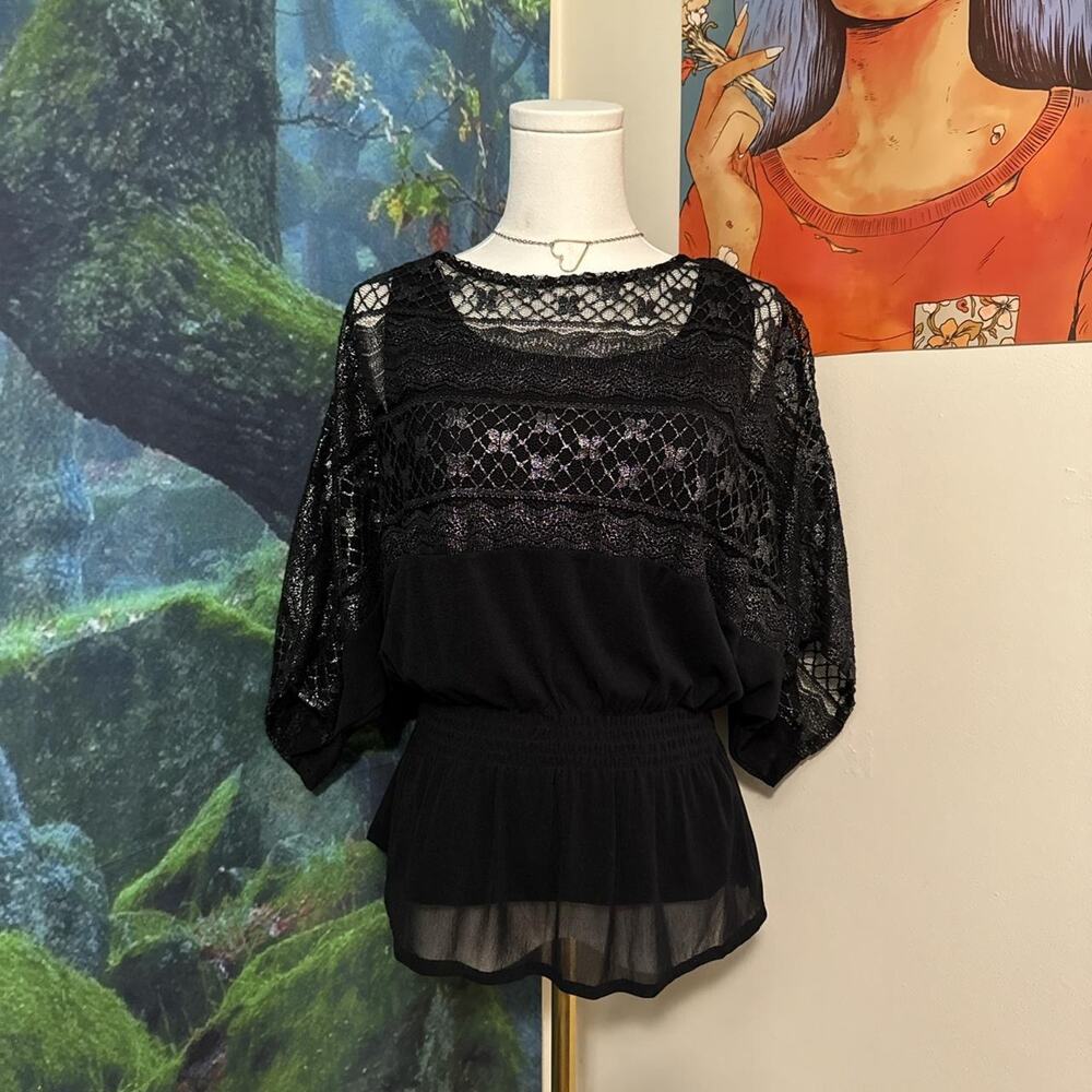 alfani black lace sheer blouse shimmer batwing sleeve peplum top xs